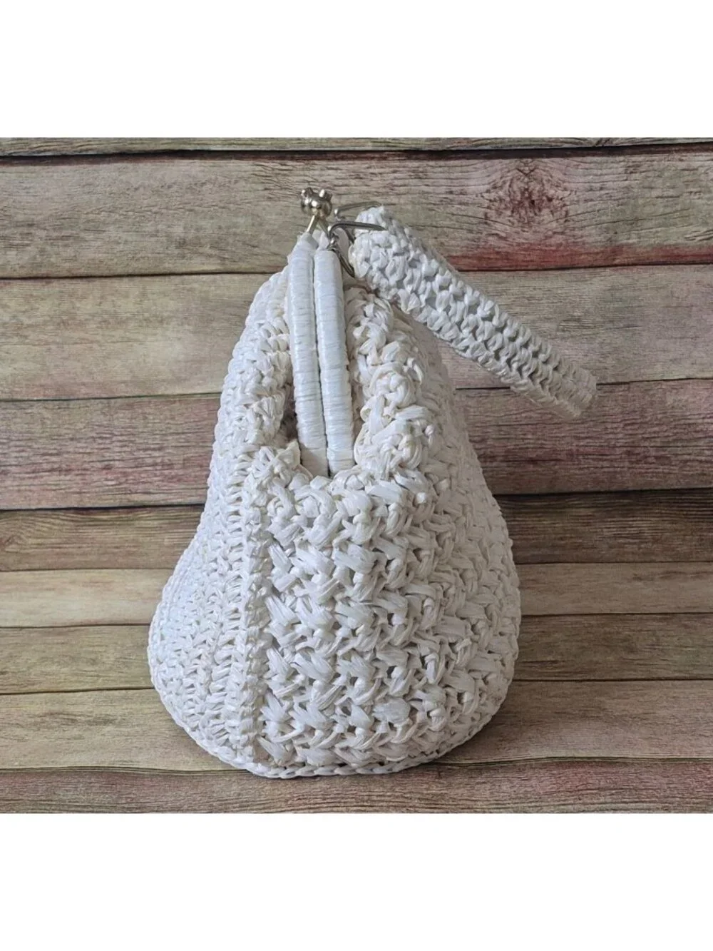 Vtg 60's Woven Raffia Ivory Straw Flower Purse Kiss Lock Closure Made In Japan